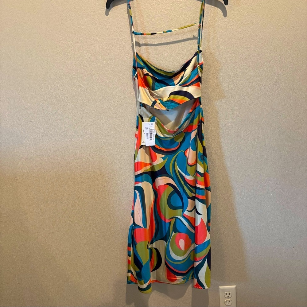 NWT Allison & Kelly Satin Geo Print Spaghetti Strap Back Cut Out Slip Dress, XS - Picture 6 of 13